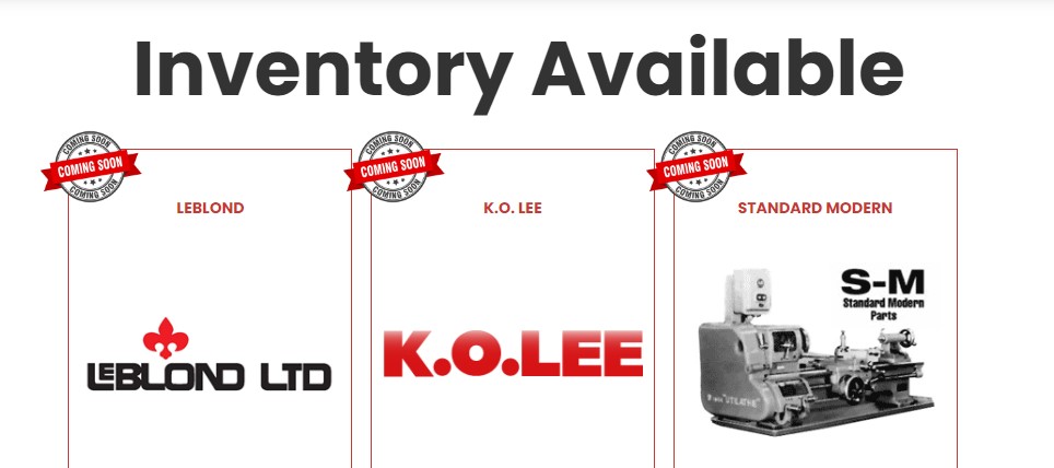 Tutorial screenshot: Text says 'Inventory available and shows links to Leblond, K.O. Lee, and S-M manufacturing parts.