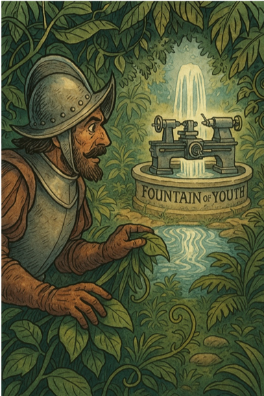 lathe maintenance illustration - Humorous image of lathe in fountain of youth spotted by Spanish explorer